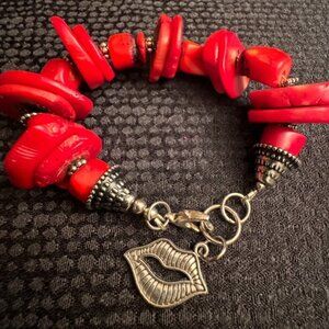 Natural Red Coral Bracelet Beaded Chunky Lips Charm Silver Handmade Boho Large